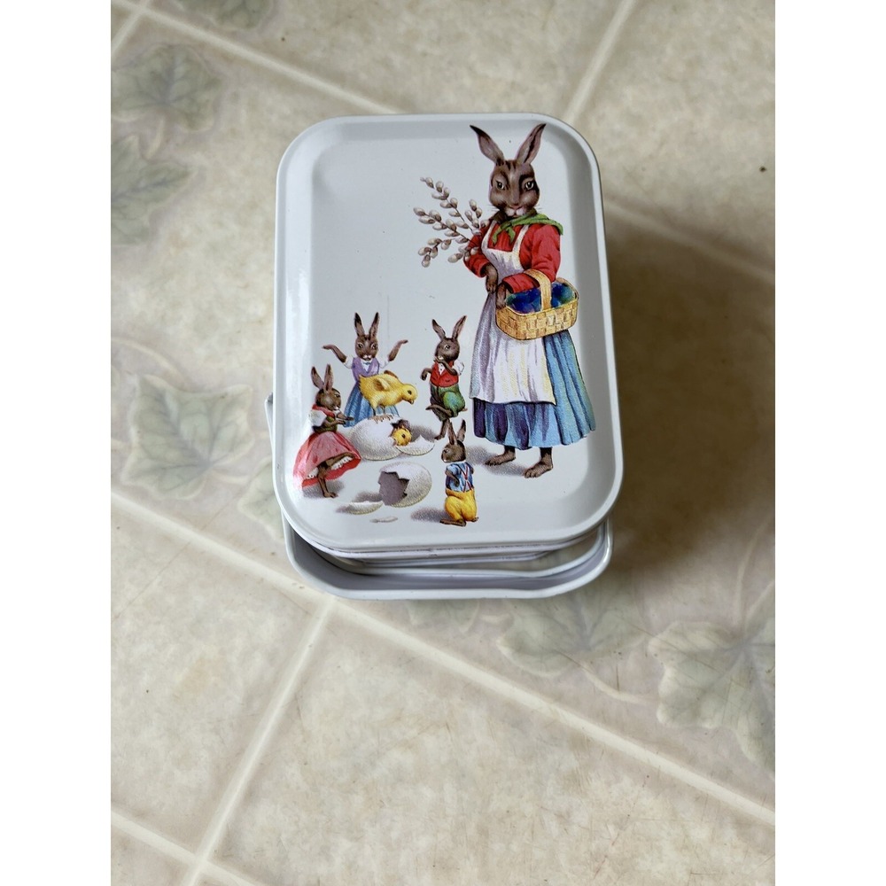 Metal Easter Gift Box‎ Bunny Rabbit Handled Basket VTG Eastertide Trinket Tin